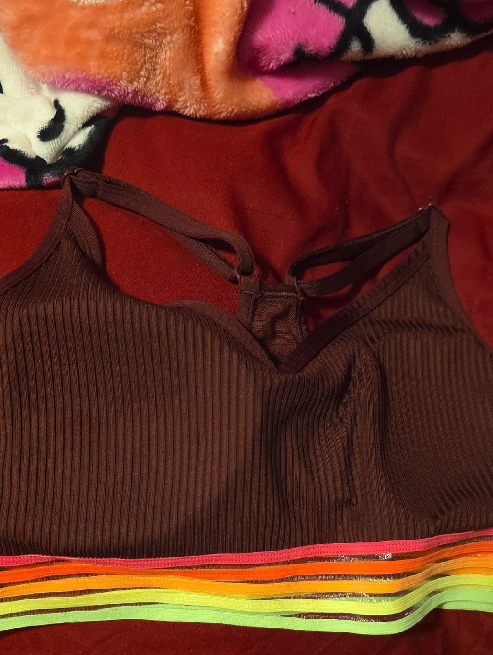 Ribbed Brown Strappy Bralette with Neon Rainbow Trim